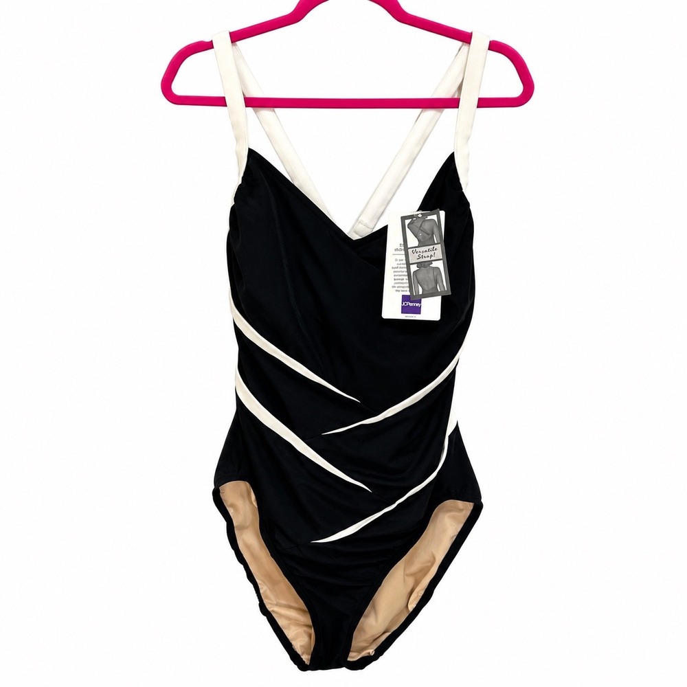 Carol Wior Slimsuit Size 16 One Piece Swimsuit Black White Versatile Strap NWT